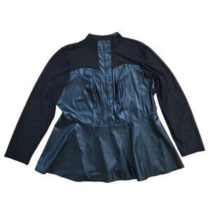 Ashley Stewart Faux Leather Top w/ Long Sleeve Black 1X A001933